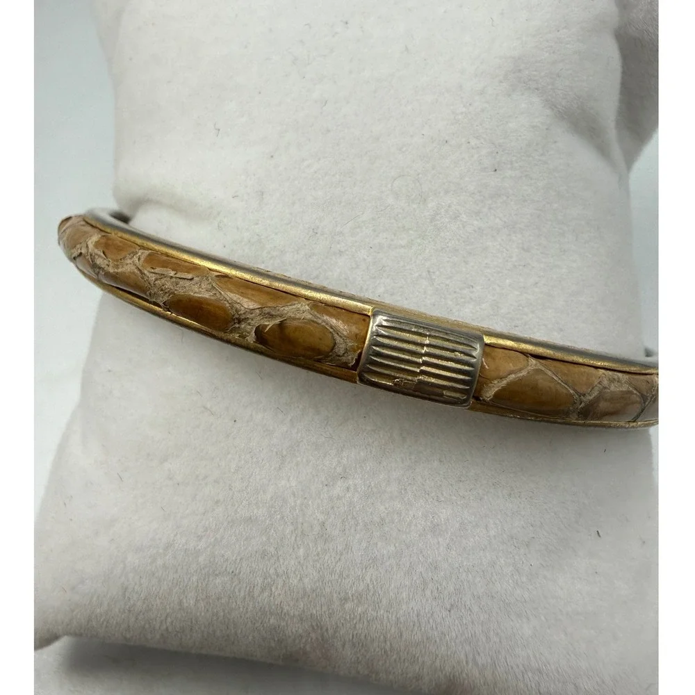 Maximo Florence Italy Snakeskin Inlay Bangle Bracelet Gold Tone Brown Tan Exotic